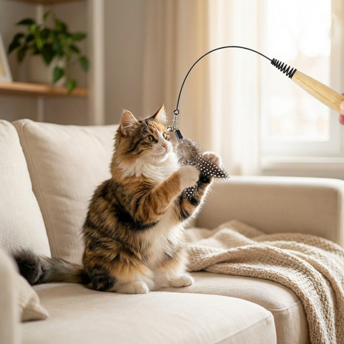 Cat playing with Pawstro feather wand toy in living room