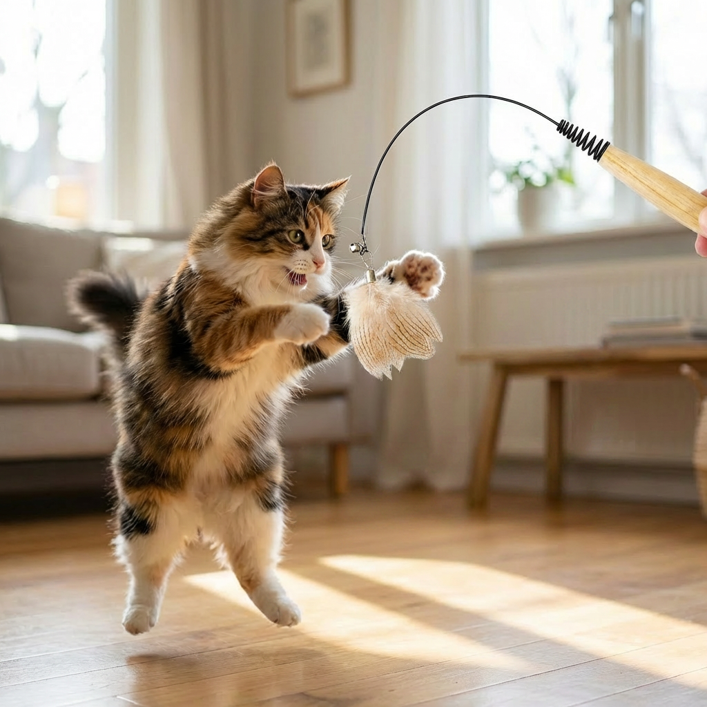 Indoor cat chasing Pawstro wand toy bug attachment