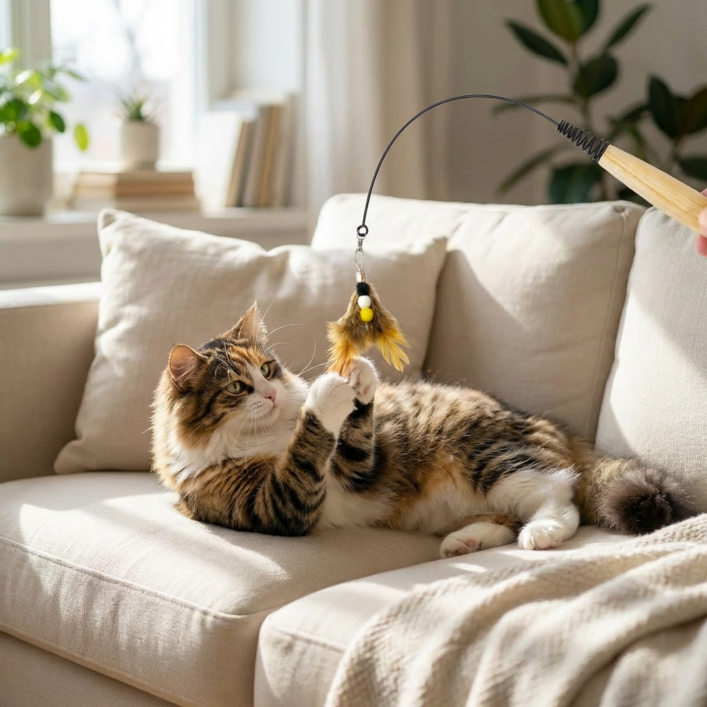 Cat engaged in interactive play with Pawstro wand toy